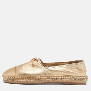 Prada Bow Size 40 Metallic Gold Leather Cap Toe Espadrille Flats